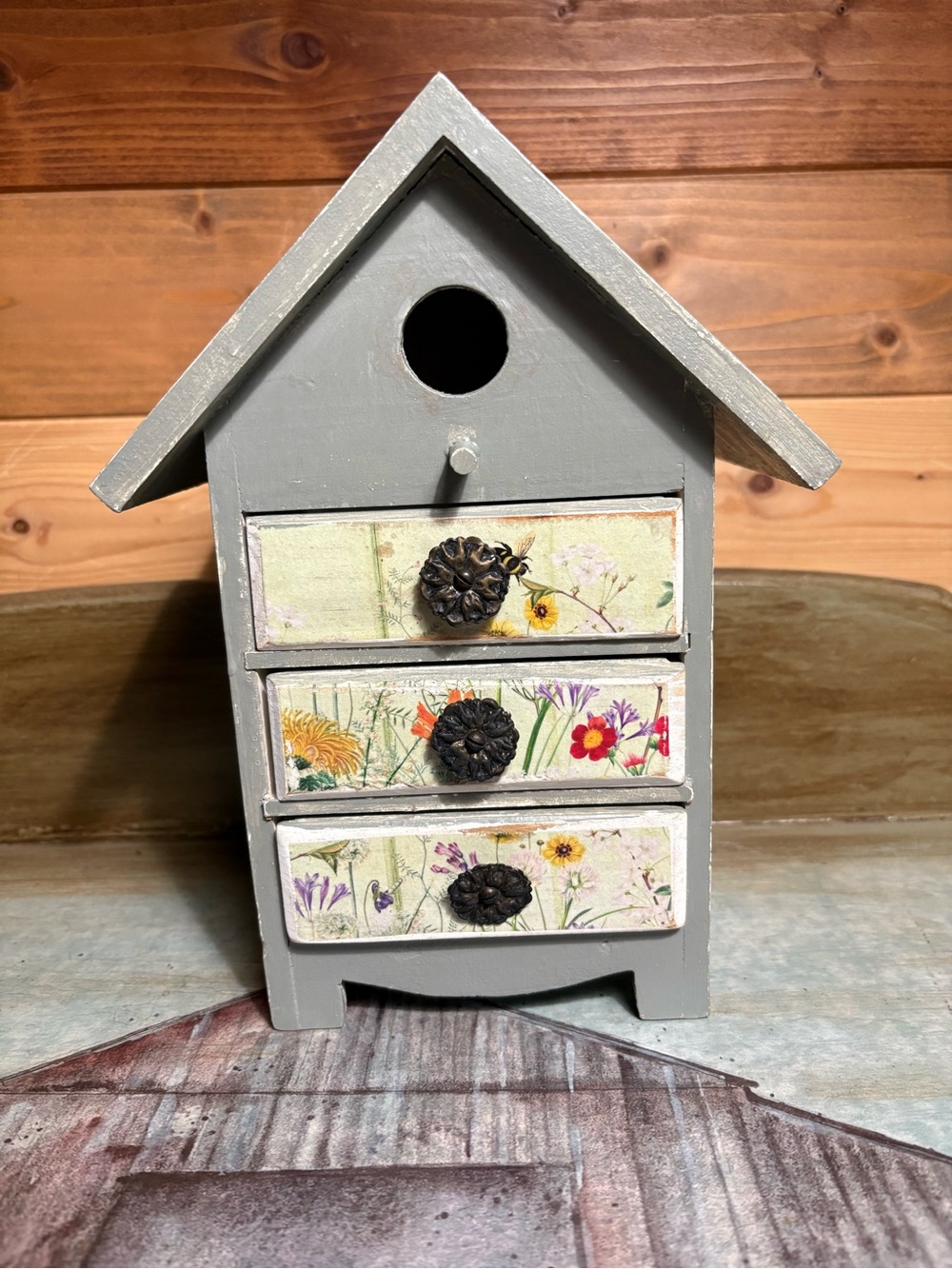 Sage green Wooden Birdhouse-Style Mini Jewelry Box with Floral Drawers